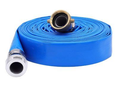 A blue fire hose with a brass fitting on a white background.