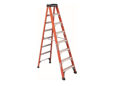 An orange ladder is sitting on a white surface.