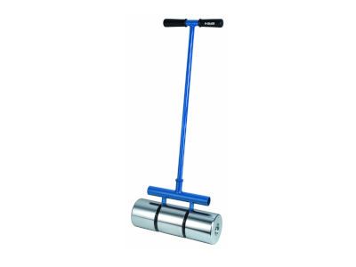A metal roller with a blue handle on a white background.