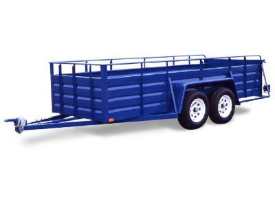 A blue trailer with two tires on a white background