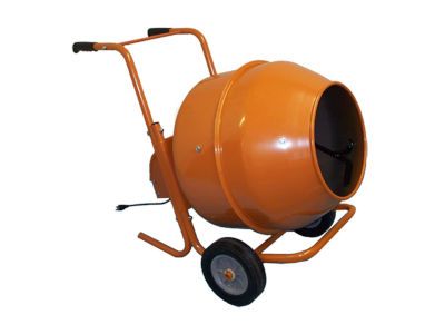An orange concrete mixer with wheels and handles on a white background