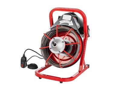 A red drain cleaner with a hose attached to it on a white background.