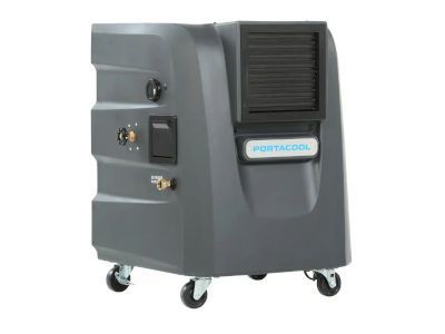 A portable air cooler with wheels on a white background.