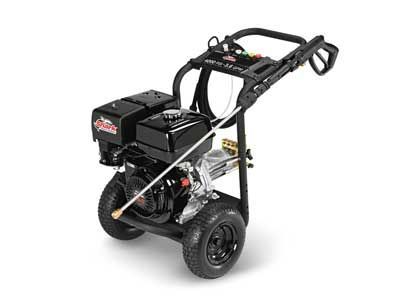 A gas powered pressure washer with wheels on a white background.