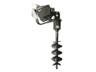 A close up of a hole digger on a white background.
