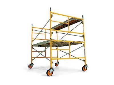 A yellow scaffolding with wheels on a white background.