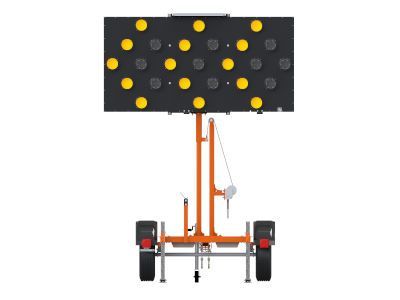 A black and orange sign with yellow dots on it is on a trailer.