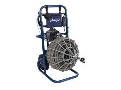 A drain cleaner on a cart with a hose attached to it.