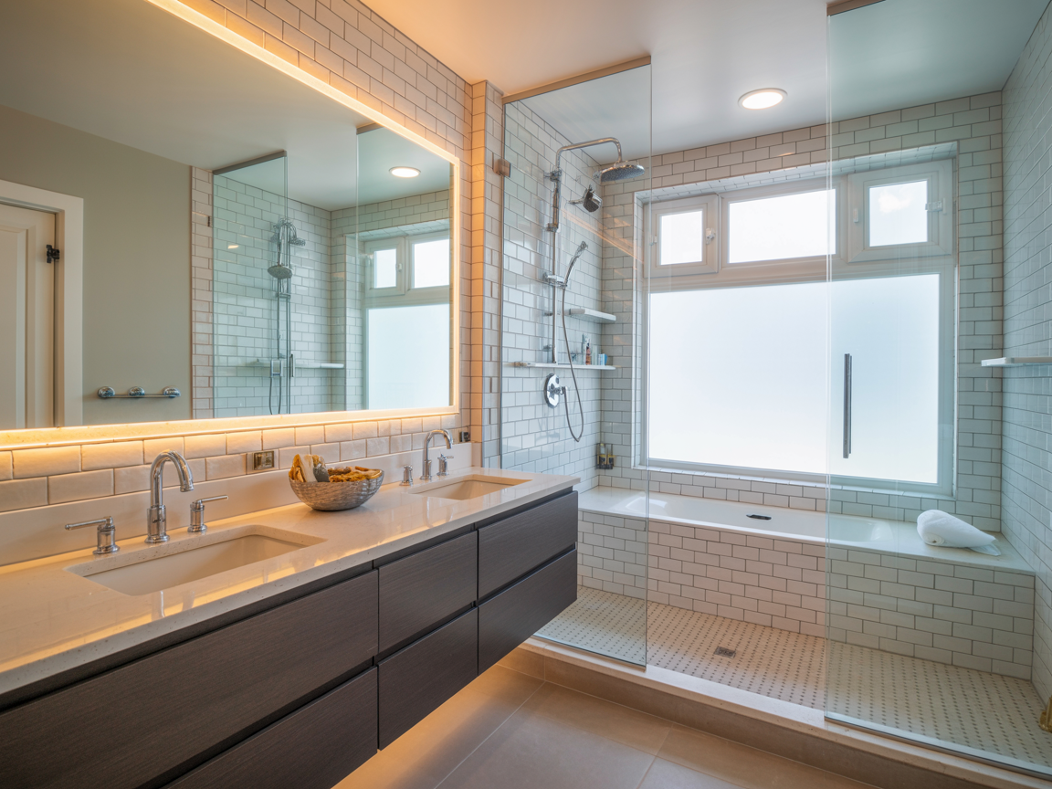 A modern bathroom featuring a floating dark wood vanity, white subway tile walls, a glass-enclosed shower, and a large window.