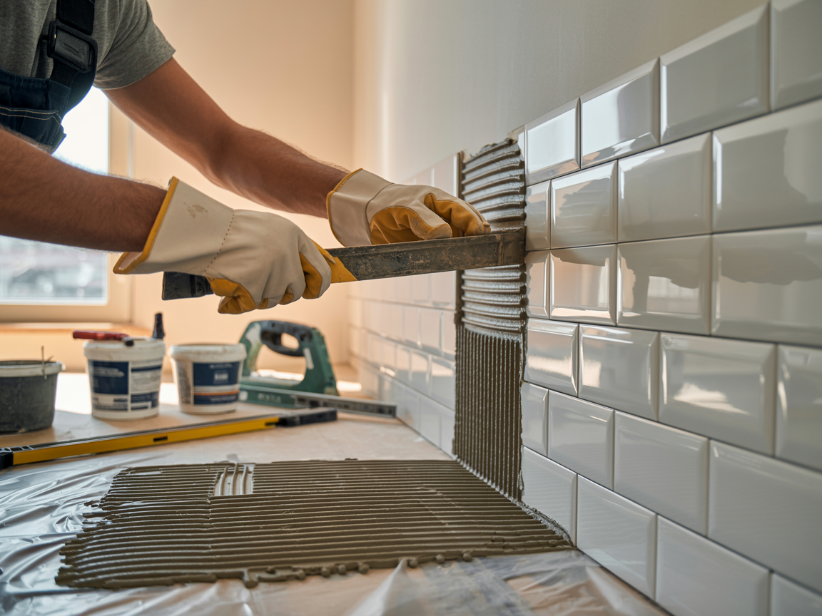 A worker in work gloves uses a notched trowel to apply adhesive for white subway tiles on a wall.