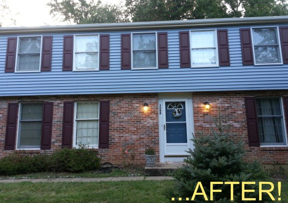 a picture of a house with shutters and a sign that says after