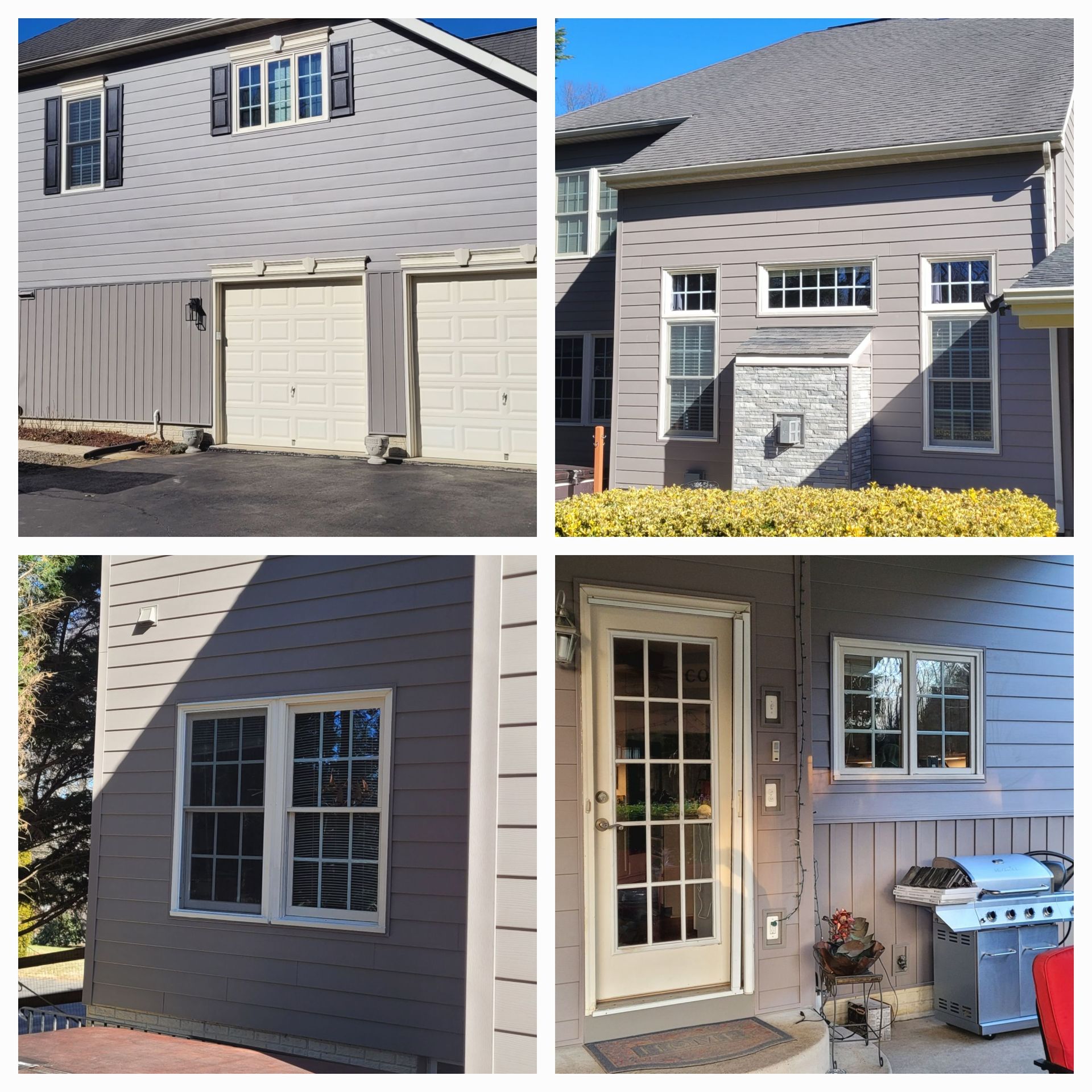 A collage of four pictures of a house with shutters