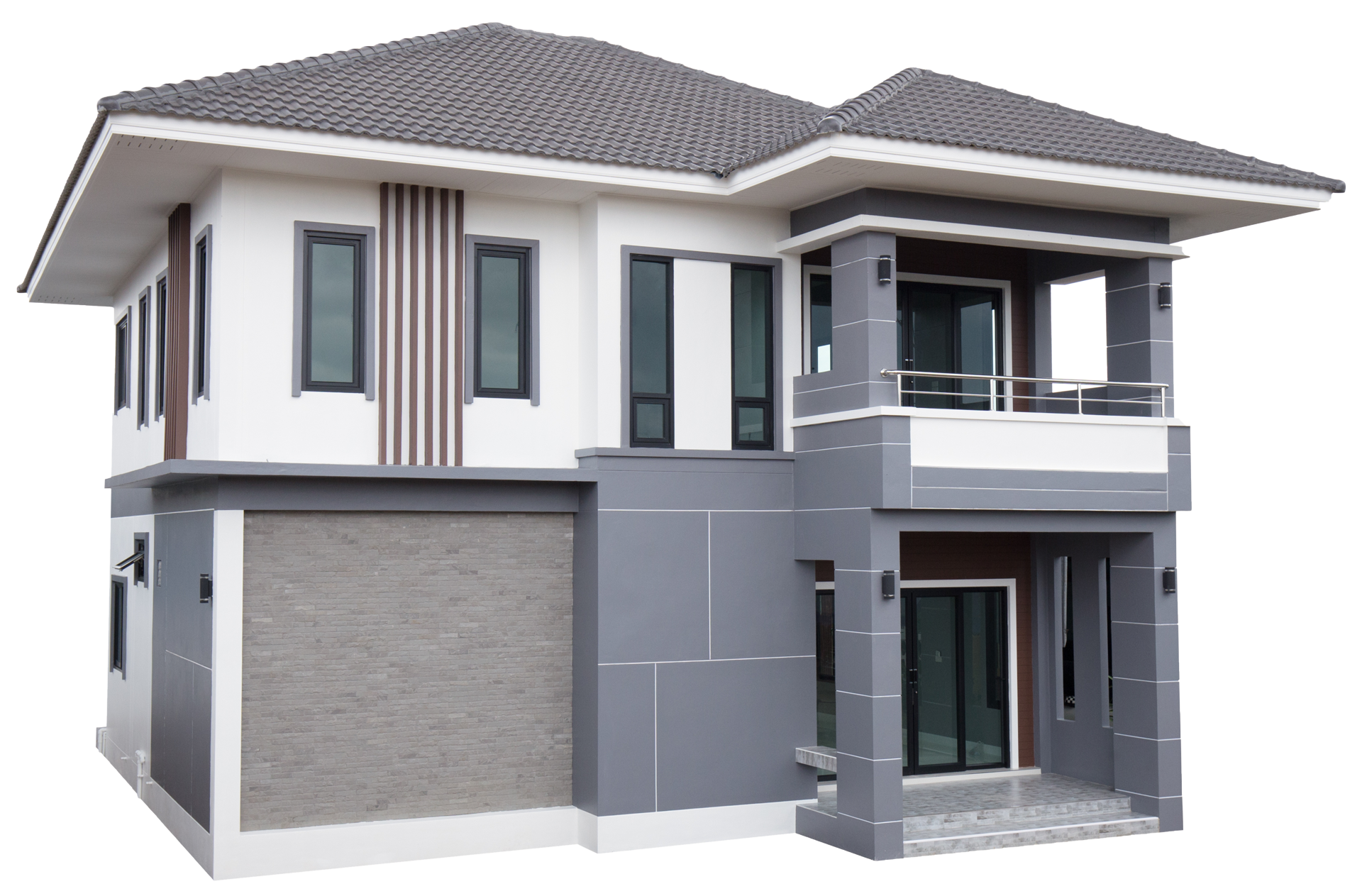 a white and gray house with a gray roof