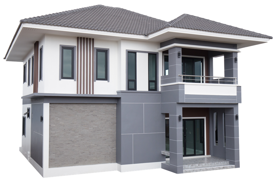 a white and gray house with a gray roof