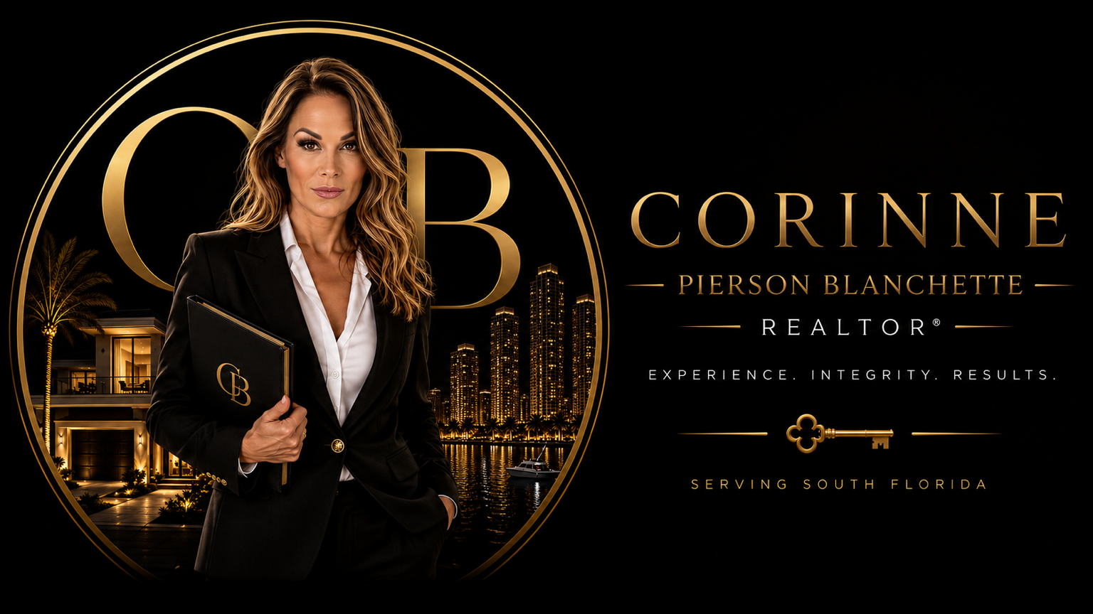 Luxury black-and-gold real estate branding with a woman holding a folder beside the name Corinne Pierson Blanchette Realtor.