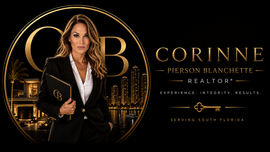 Luxury black-and-gold real estate branding with a woman holding a folder beside the name Corinne Pierson Blanchette Realtor.