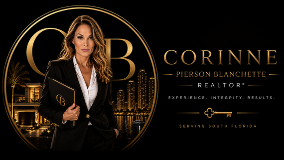 Luxury black-and-gold real estate branding with a woman holding a folder beside the name Corinne Pierson Blanchette Realtor.