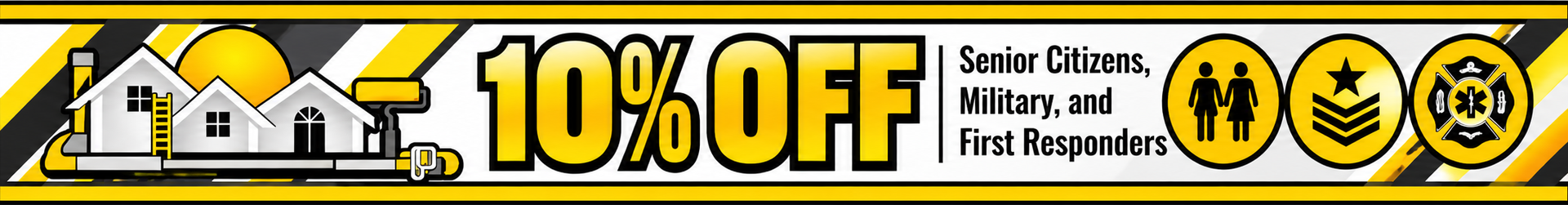 Yellow and black 10% off banner with house icons and text about safety kits, smart homes, and flood protection