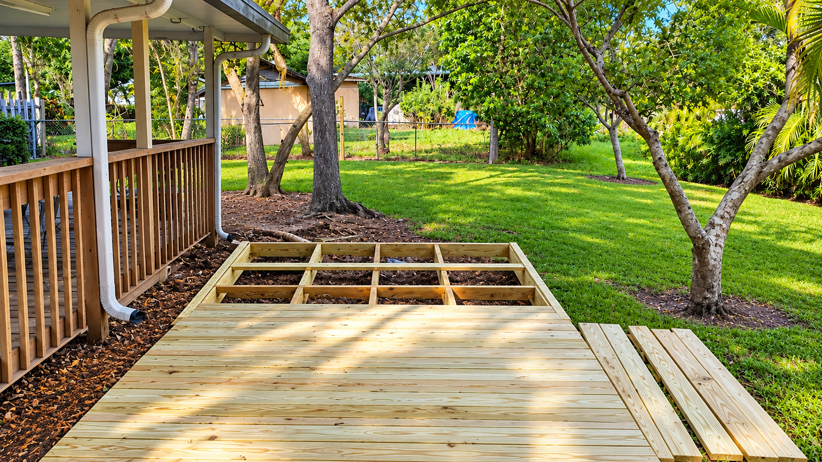 Wooden deck under construction beside a house, with a grassy yard and trees in the background.