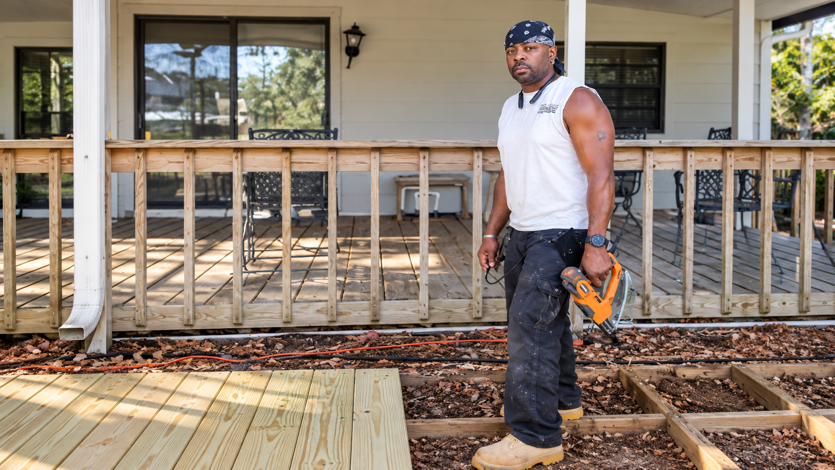 Man standing on a deck holding a power tool in front of a house with a porch and railing