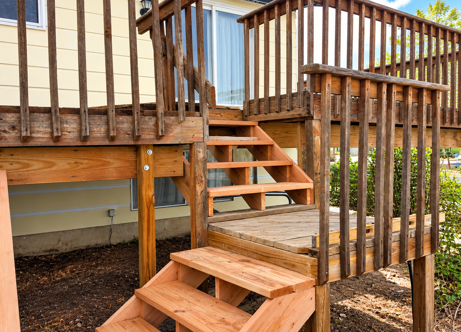 Wooden backyard deck with stairs and railings beside a house, elevated on posts.