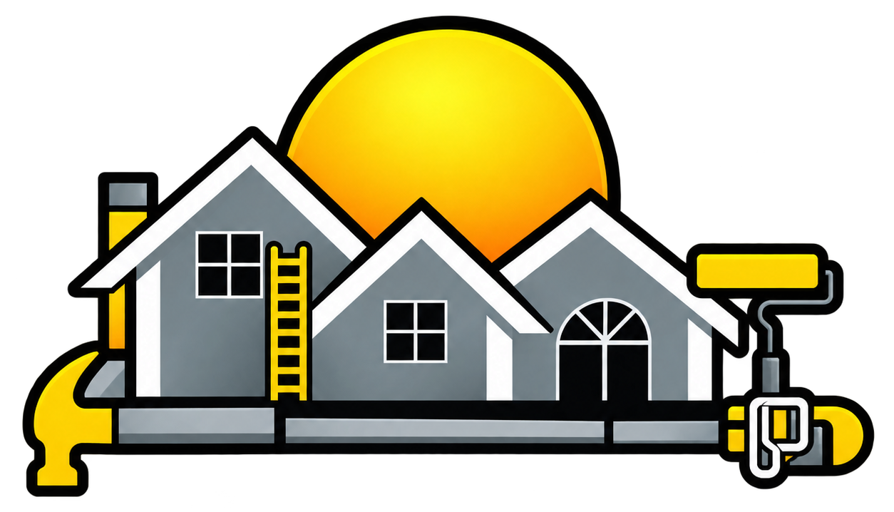 House with sun, ladder, and tools in gray and yellow, suggesting home renovation or construction