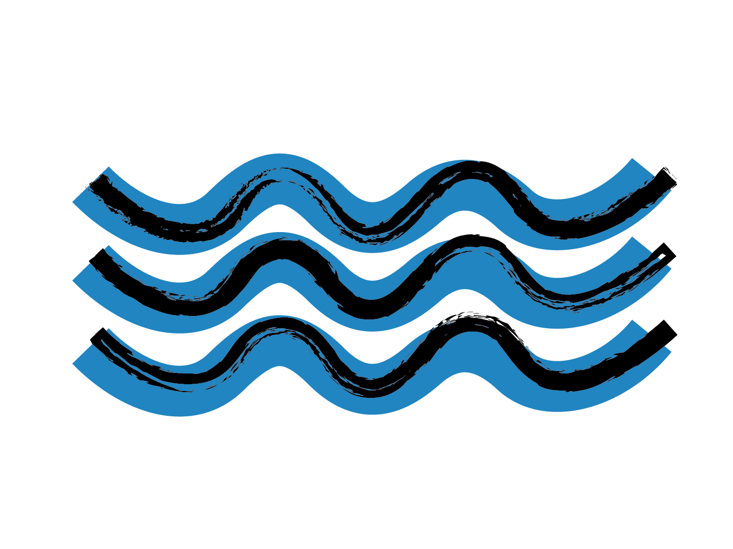Three blue wavy lines on a white background, with black outlines and shadow effects