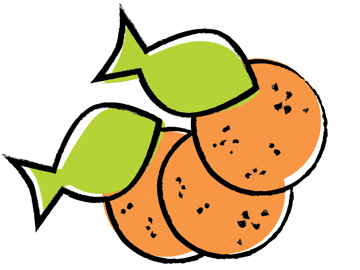 Two oranges and two green leaves in a simple cartoon illustration