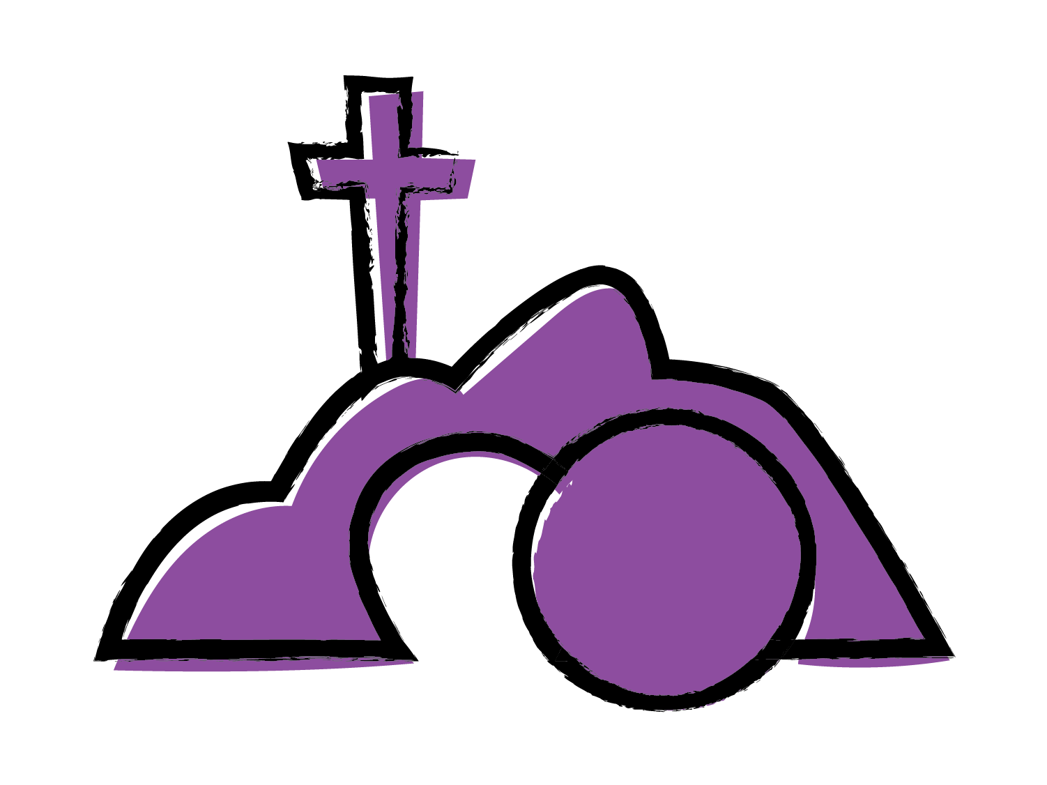 Purple hills with a white cross on the left and a purple circle in front