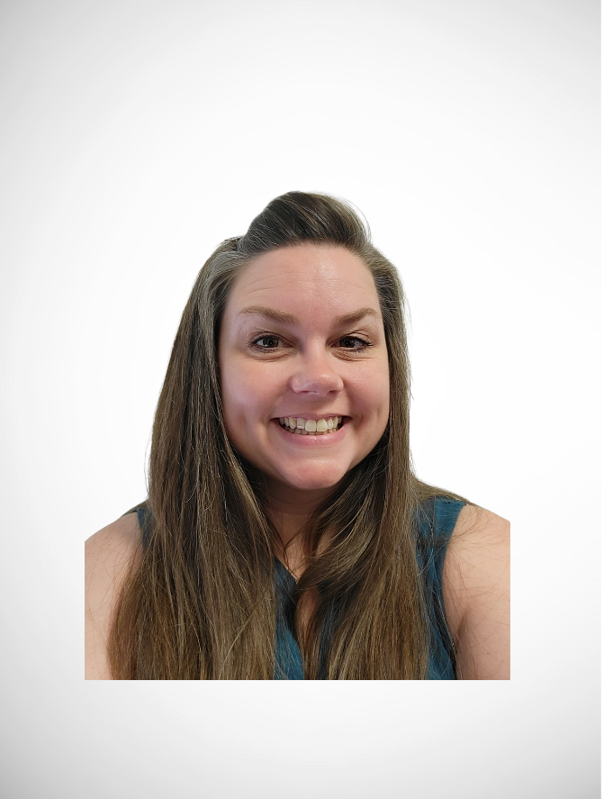 Smiling woman with long brown hair in a sleeveless teal top against a white background