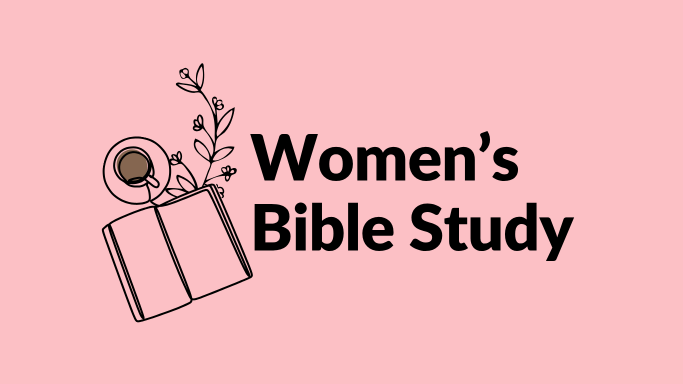 Women’s Bible Study text beside an open Bible and floral line art on a pink background