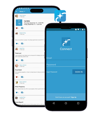 Two overlapping smartphones showing a blue Connect app login screen and a message inbox[0m