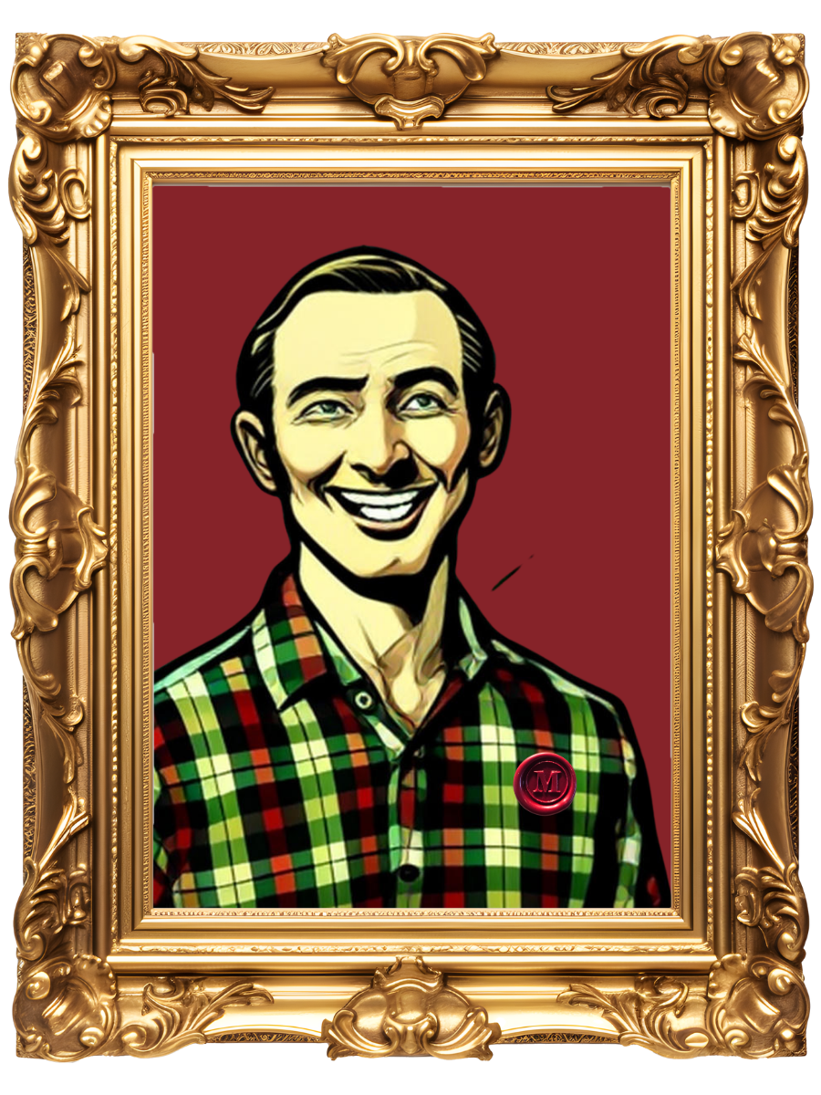 Portrait illustration of a smiling man in a plaid shirt, framed in an ornate gold frame on a red background