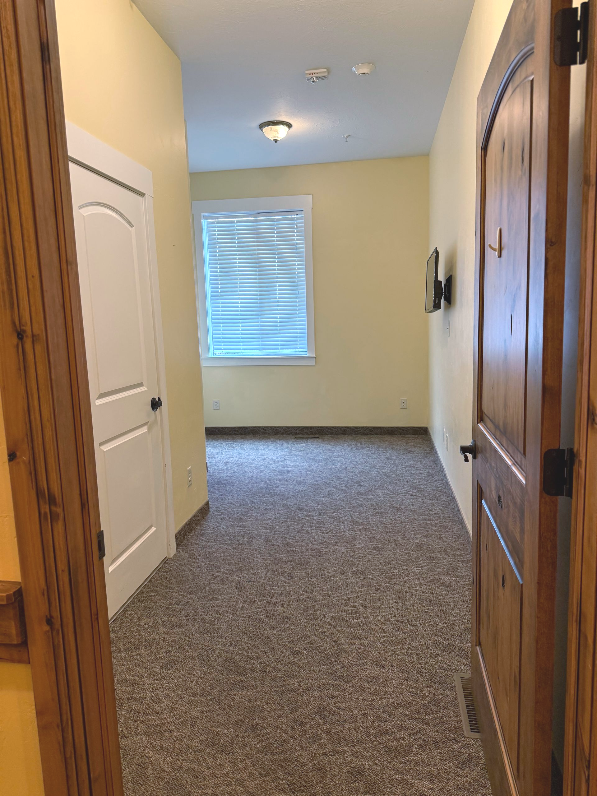 Hallway with carpet, two doors, a window, and a mounted TV. Yellow walls, wooden doors, and tan carpet.