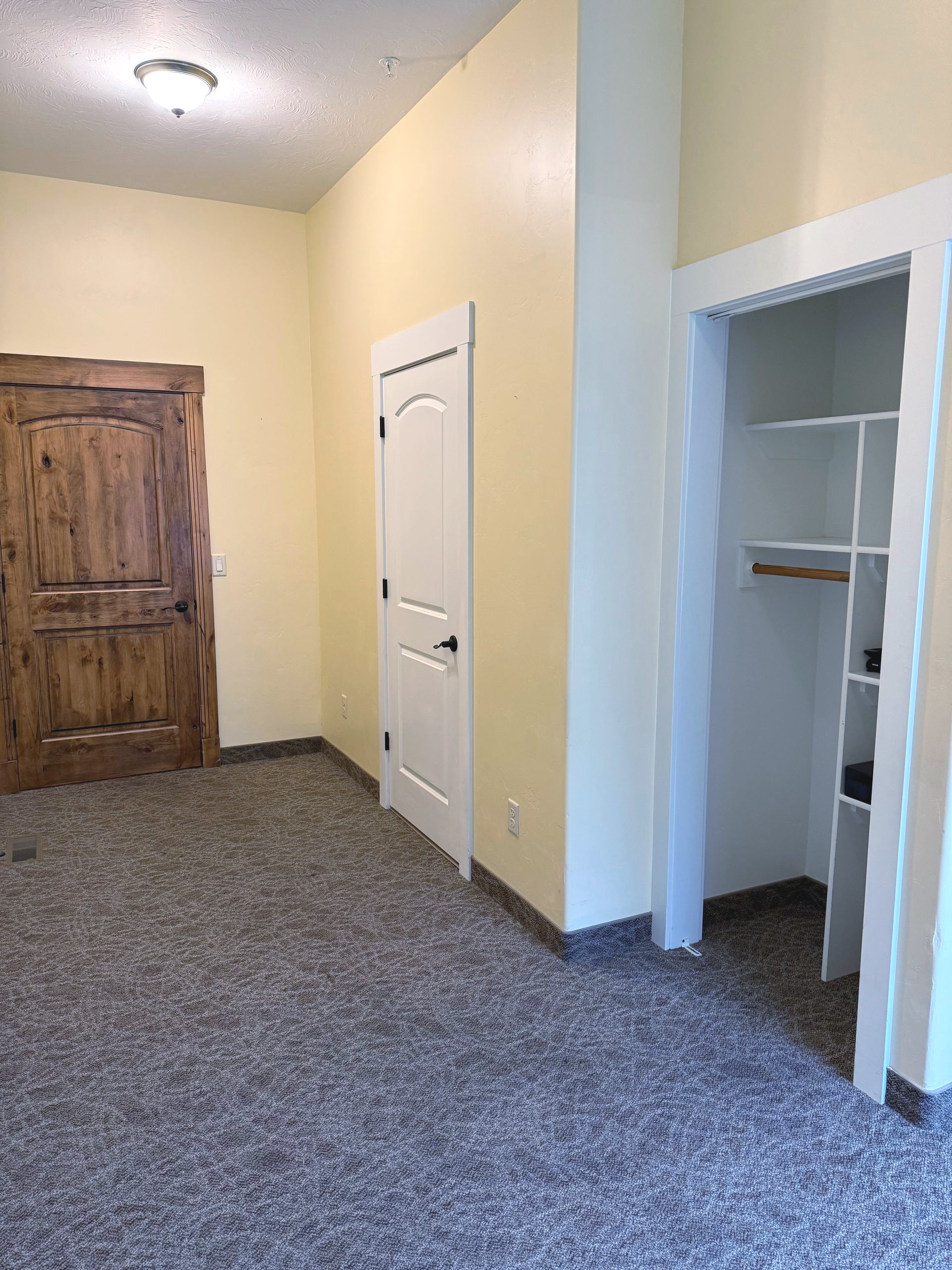 Empty room with carpet, doors, and a closet. Walls are yellow, doors are wood and white.