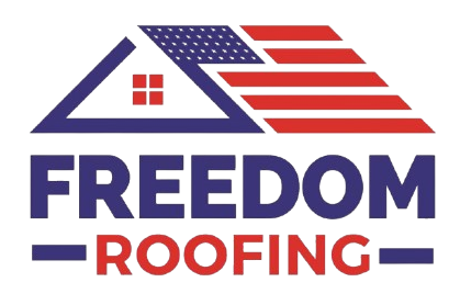 Freedom Roofing logo with a blue roof and red-and-white American flag design