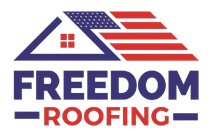Freedom Roofing logo with a blue roof and red-and-white American flag design