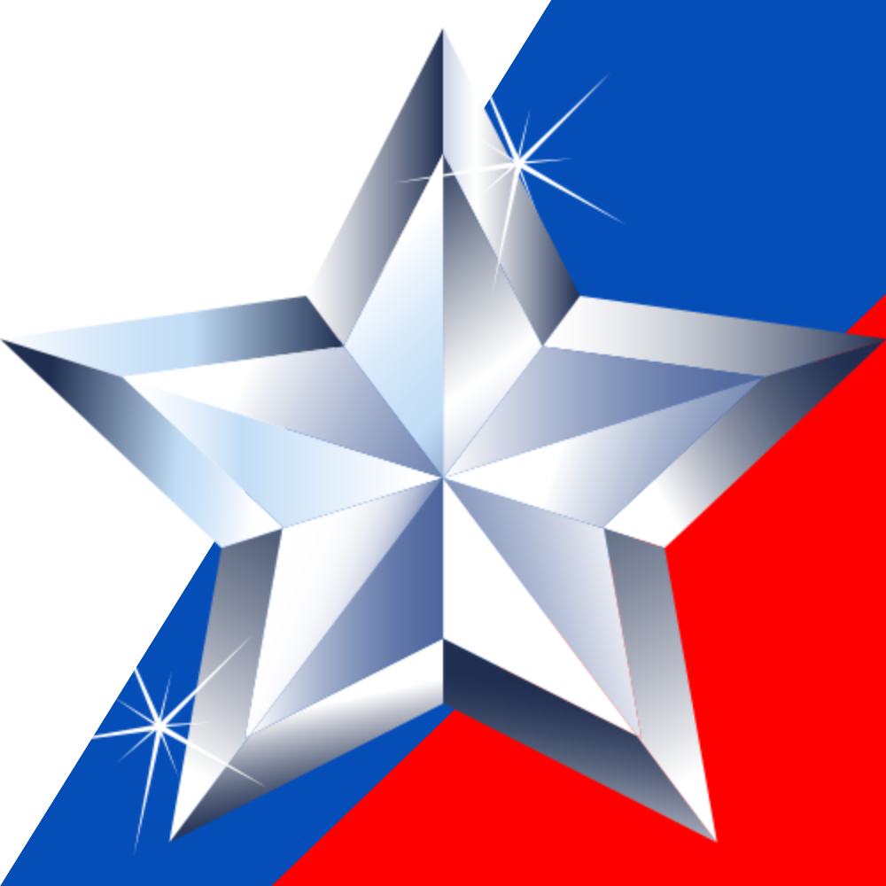Silver star over red, white, and blue background with sparkling accents.