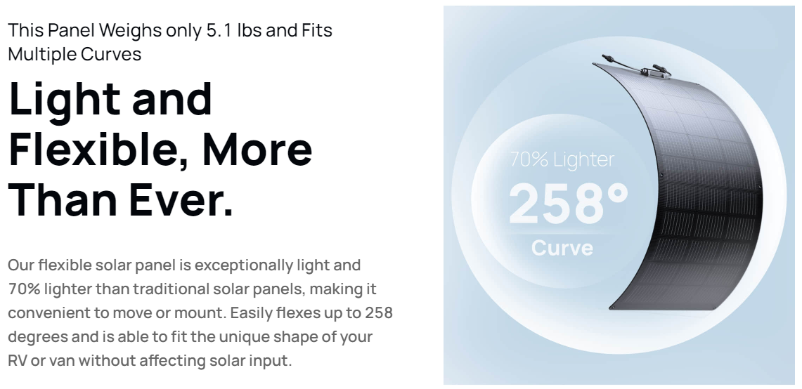 Advertisement for a flexible product. Shows a curved segment labeled "258° Curve" within a light blue circle.