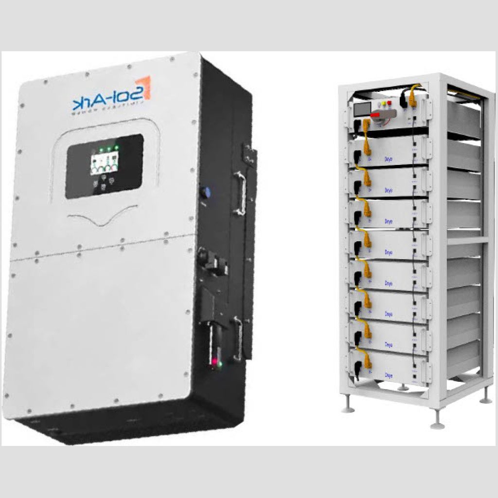 Solar inverter and battery storage system. White and black components.
