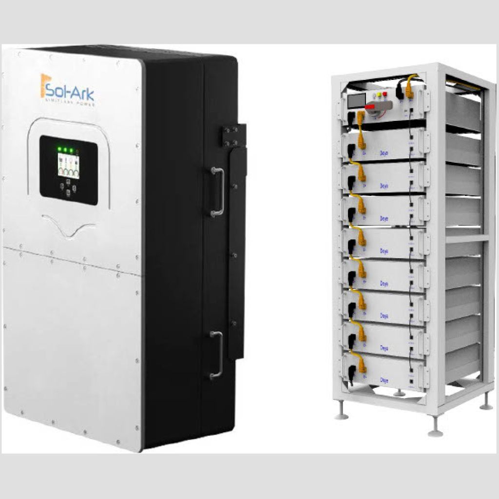 Solar inverter and battery storage system. White and black components.