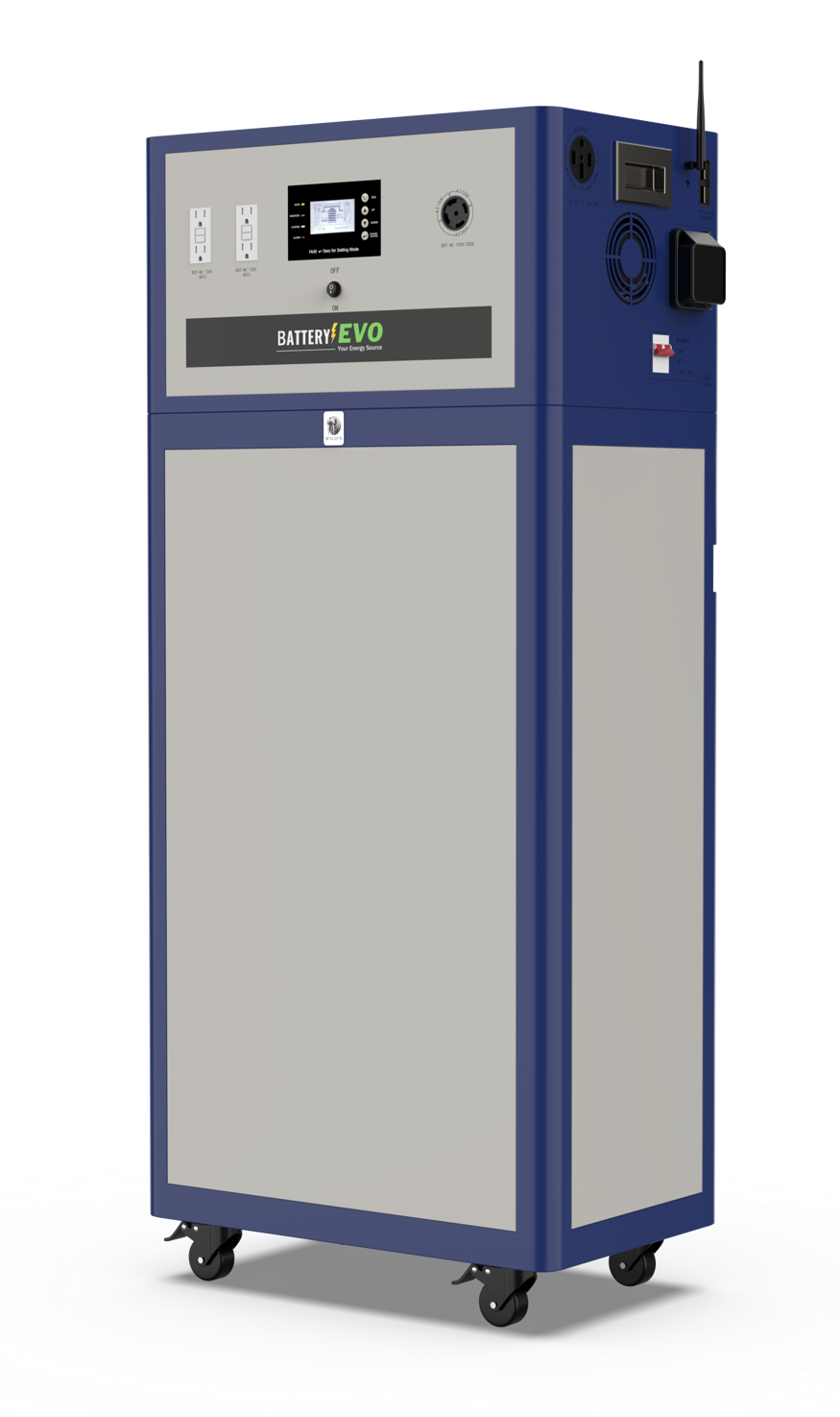Blue and gray portable air purifier with display, controls, and wheels.