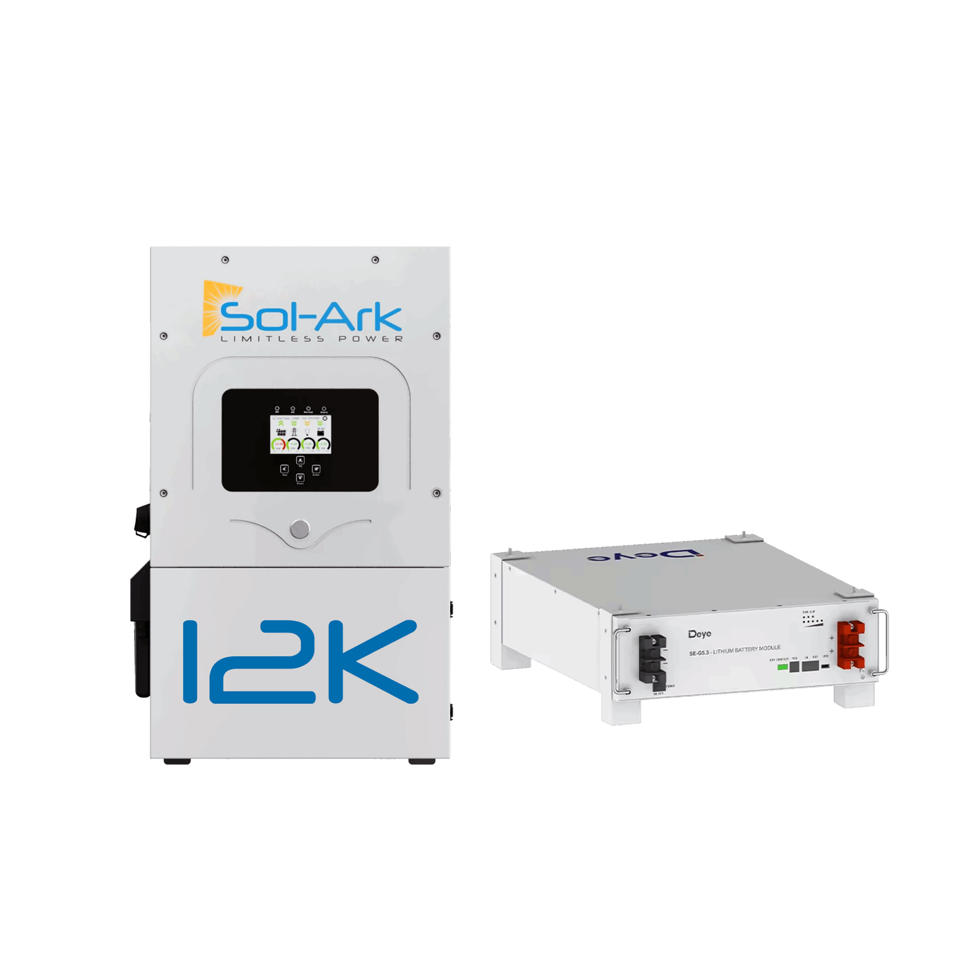 Solar-Ark I2K inverter and battery system: white, blue, with LCD screen and visible labels.