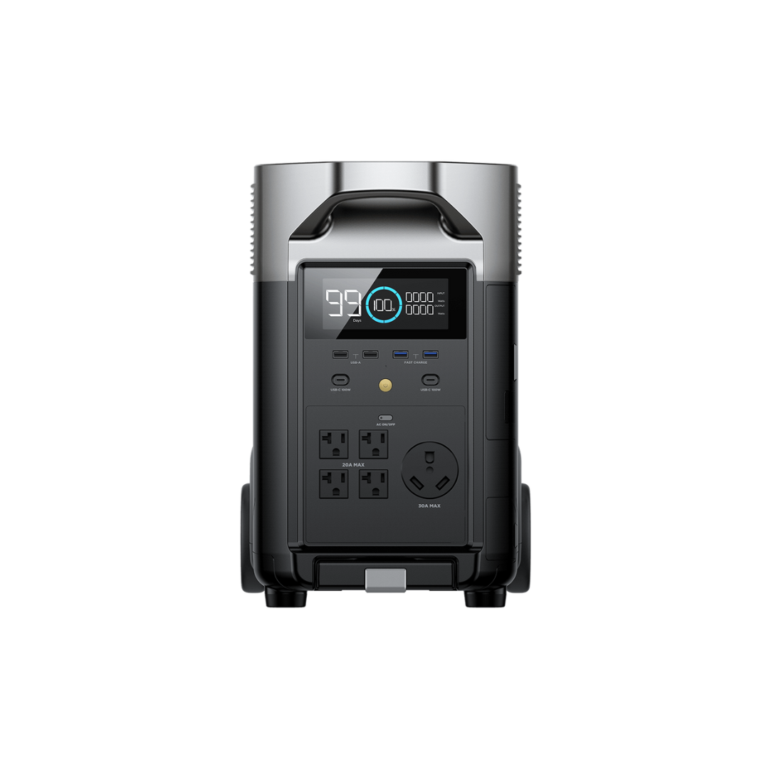 Black and silver portable power station with digital display and multiple outlets.