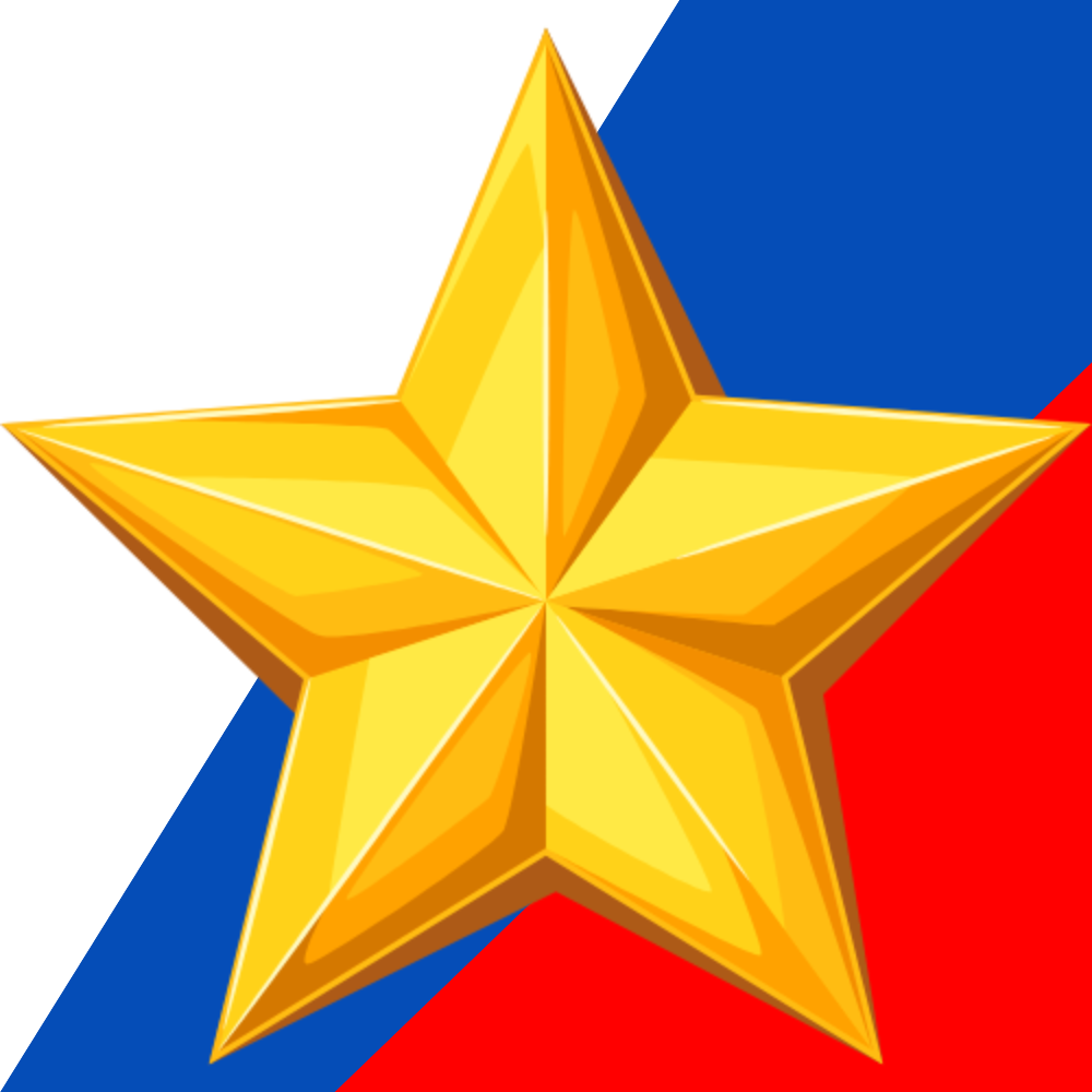 Gold star over Russian flag (white, blue, red).