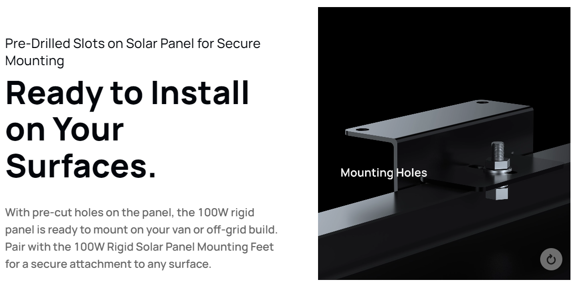 Text: "Ready to Install on Your Surfaces." with pre-drilled solar panel mounting holes.
