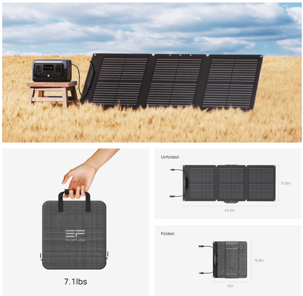 Portable solar panel charging a power station in a field. Folded, it is held by a hand; the folded panel weighs 7.1 lbs.