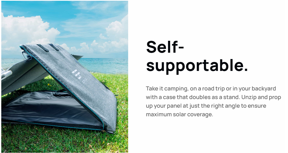 Solar panel tilted on grass, with text "Self-supportable" and ocean backdrop.