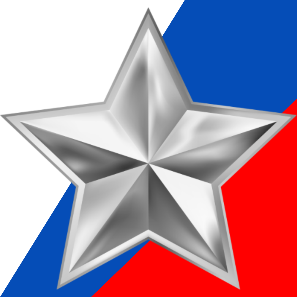 Silver star emblem on a background with red, white, and blue Russian flag colors.
