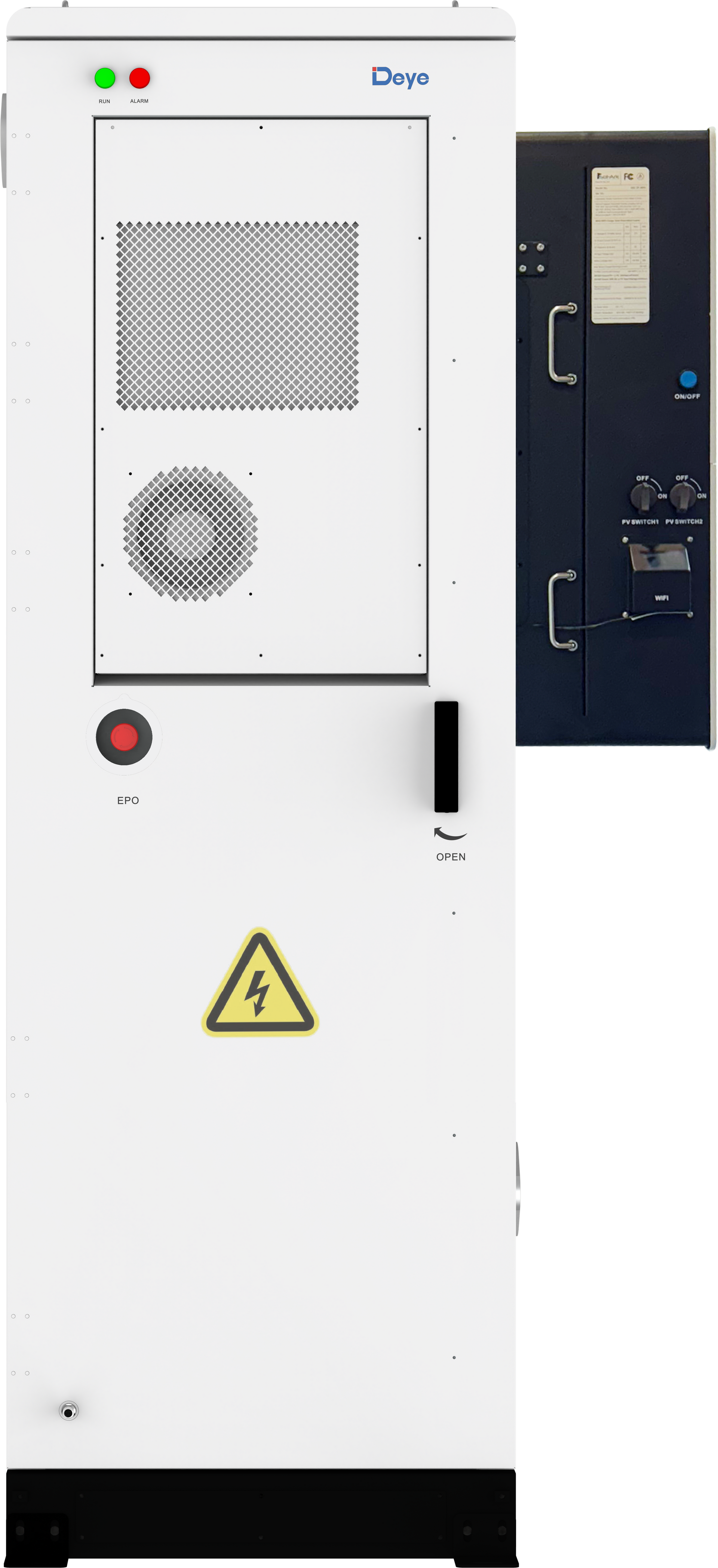 White industrial electrical cabinet with attached control panel, warning symbol, and ventilation grille.